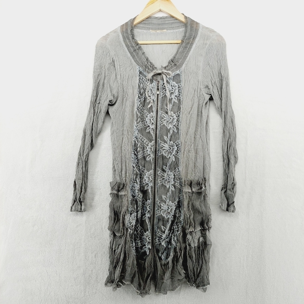 Vintage Azidor Gray Front Floral Embroidery Long Sleeve Tie Front Cardigan P74